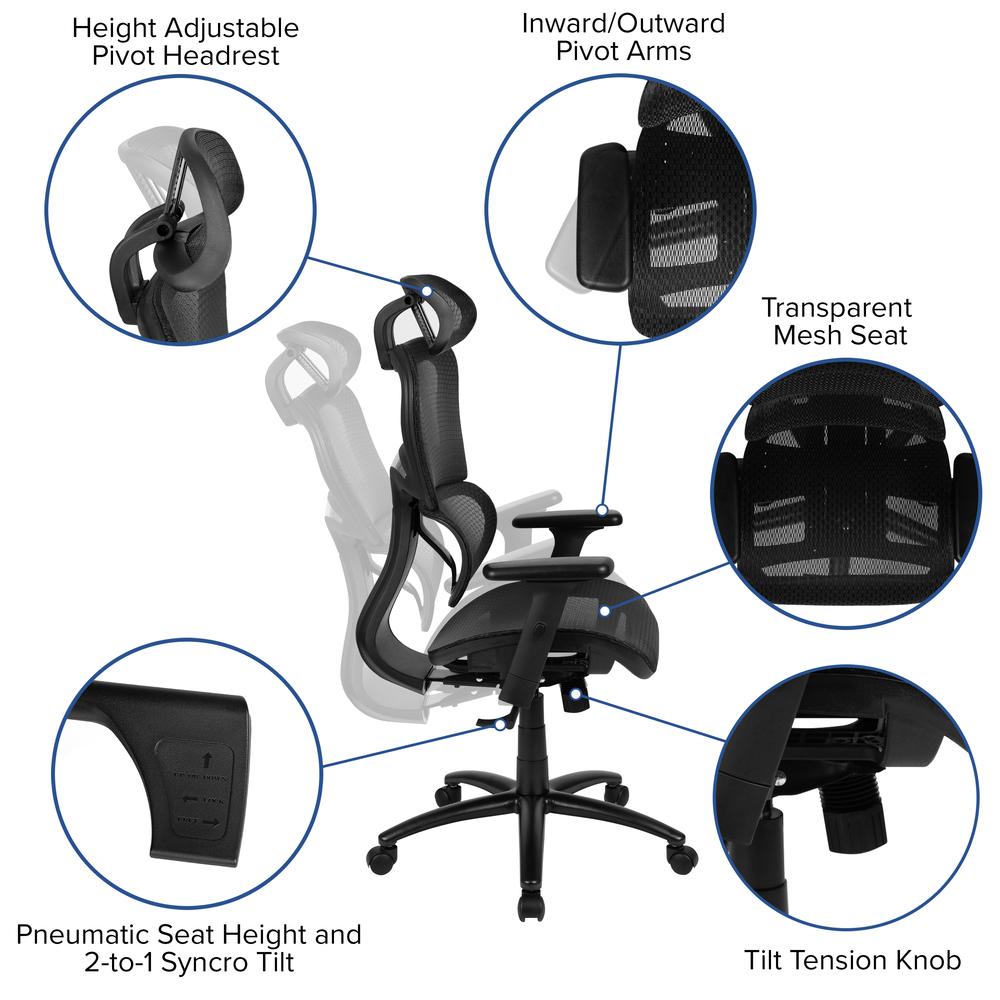 Ergonomic Mesh Office Chair with 2-to-1 Synchro-Tilt, Adjustable Headrest, Lumbar Support, and Adjustable Pivot Arms in Black. Picture 6