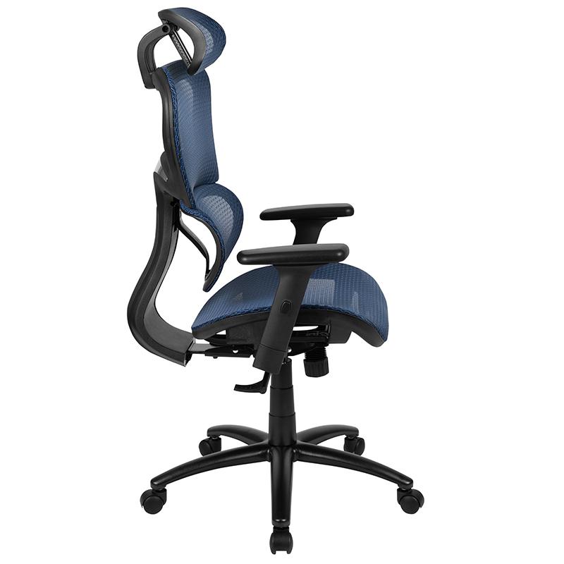 Ergonomic Mesh Office Chair with 2-to-1 Synchro-Tilt, Adjustable Headrest, Lumbar Support, and Adjustable Pivot Arms in Blue. Picture 2