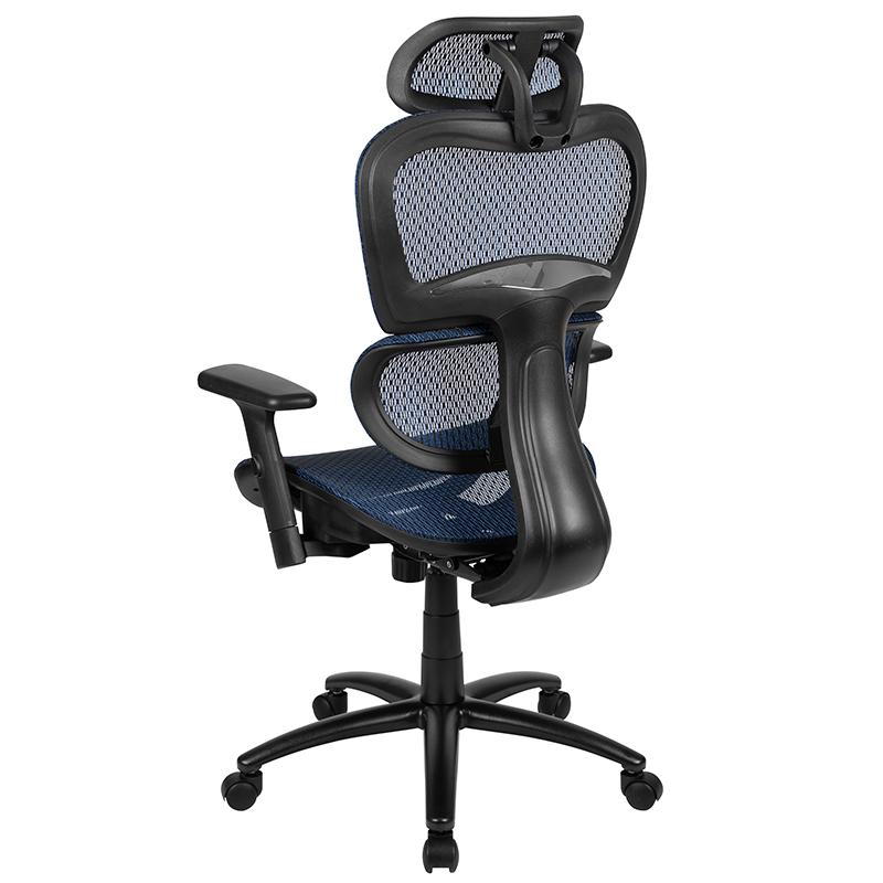 Ergonomic Mesh Office Chair with 2-to-1 Synchro-Tilt, Adjustable Headrest, Lumbar Support, and Adjustable Pivot Arms in Blue. Picture 3