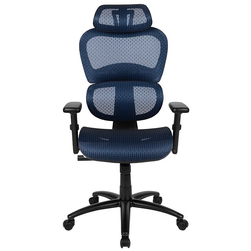 Ergonomic Mesh Office Chair with 2-to-1 Synchro-Tilt, Adjustable Headrest, Lumbar Support, and Adjustable Pivot Arms in Blue. Picture 4