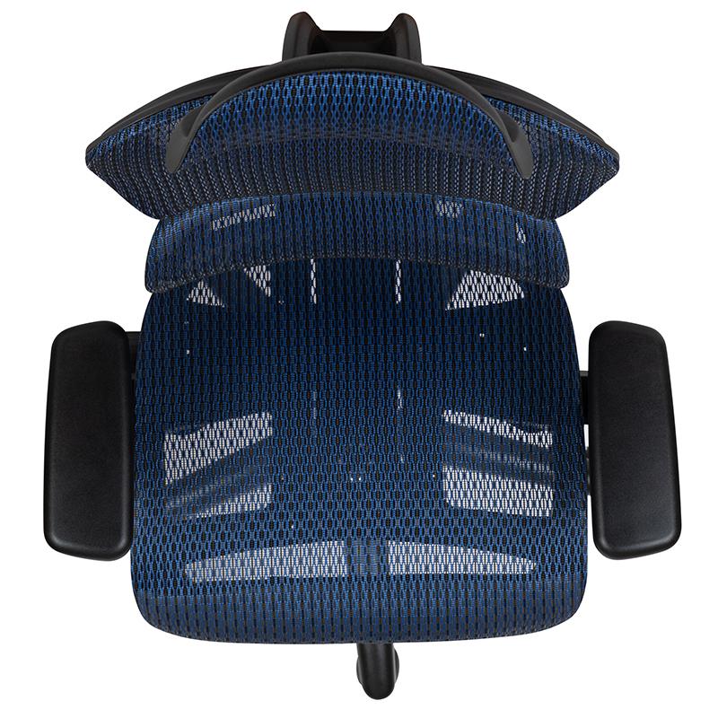 Ergonomic Mesh Office Chair with 2-to-1 Synchro-Tilt, Adjustable Headrest, Lumbar Support, and Adjustable Pivot Arms in Blue. Picture 5