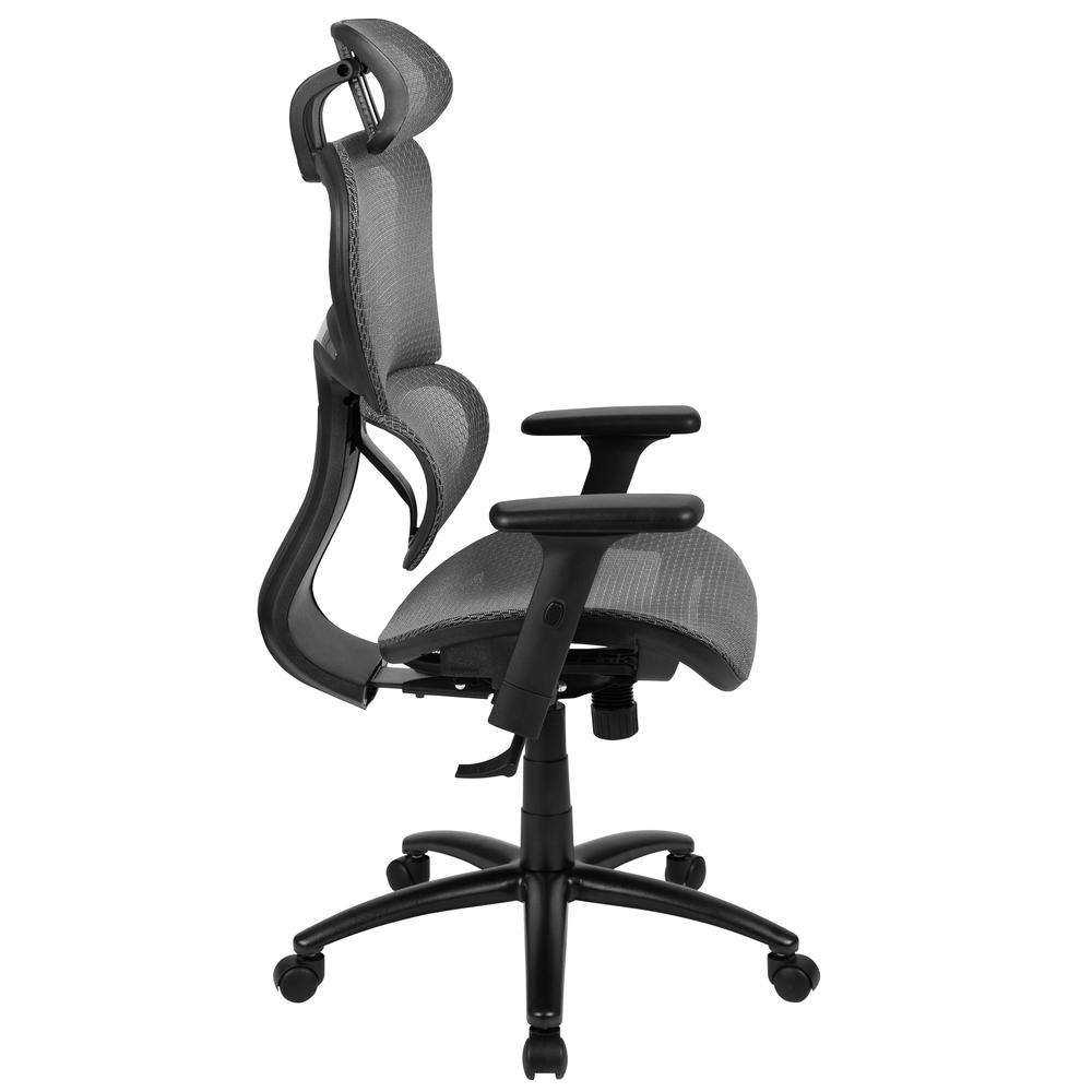 Ergonomic Mesh Office Chair with 2-to-1 Synchro-Tilt, Adjustable Headrest, Lumbar Support, and Adjustable Pivot Arms in Gray. Picture 2