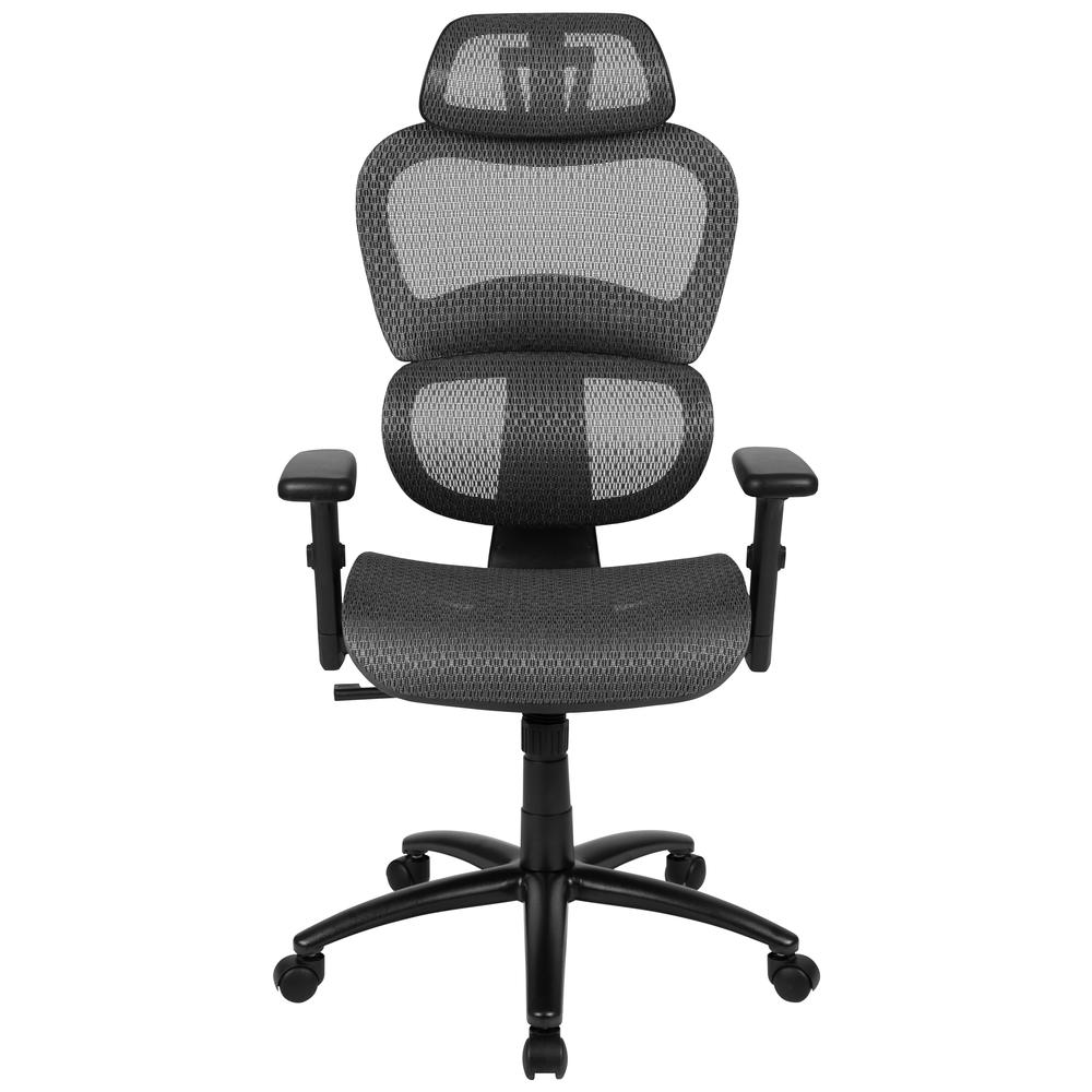 Ergonomic Mesh Office Chair with 2-to-1 Synchro-Tilt, Adjustable Headrest, Lumbar Support, and Adjustable Pivot Arms in Gray. Picture 4