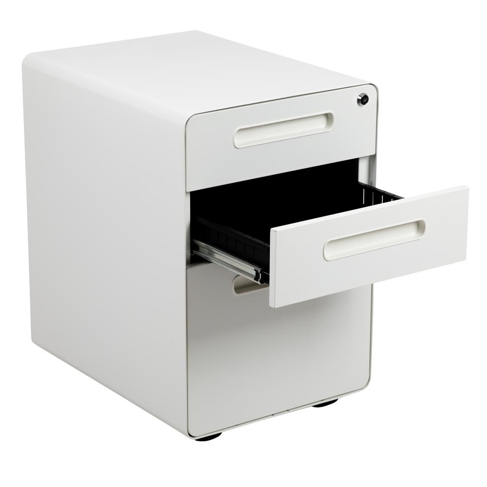Ergonomic 3-Drawer Mobile Locking Filing Cabinet with Anti-Tilt Mechanism and Hanging Drawer for Legal & Letter Files, White. Picture 7