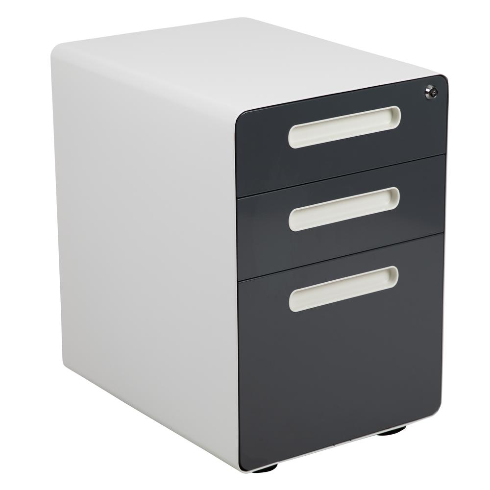3-Drawer Mobile Locking Filing Cabinet, White with Charcoal Faceplate. Picture 2