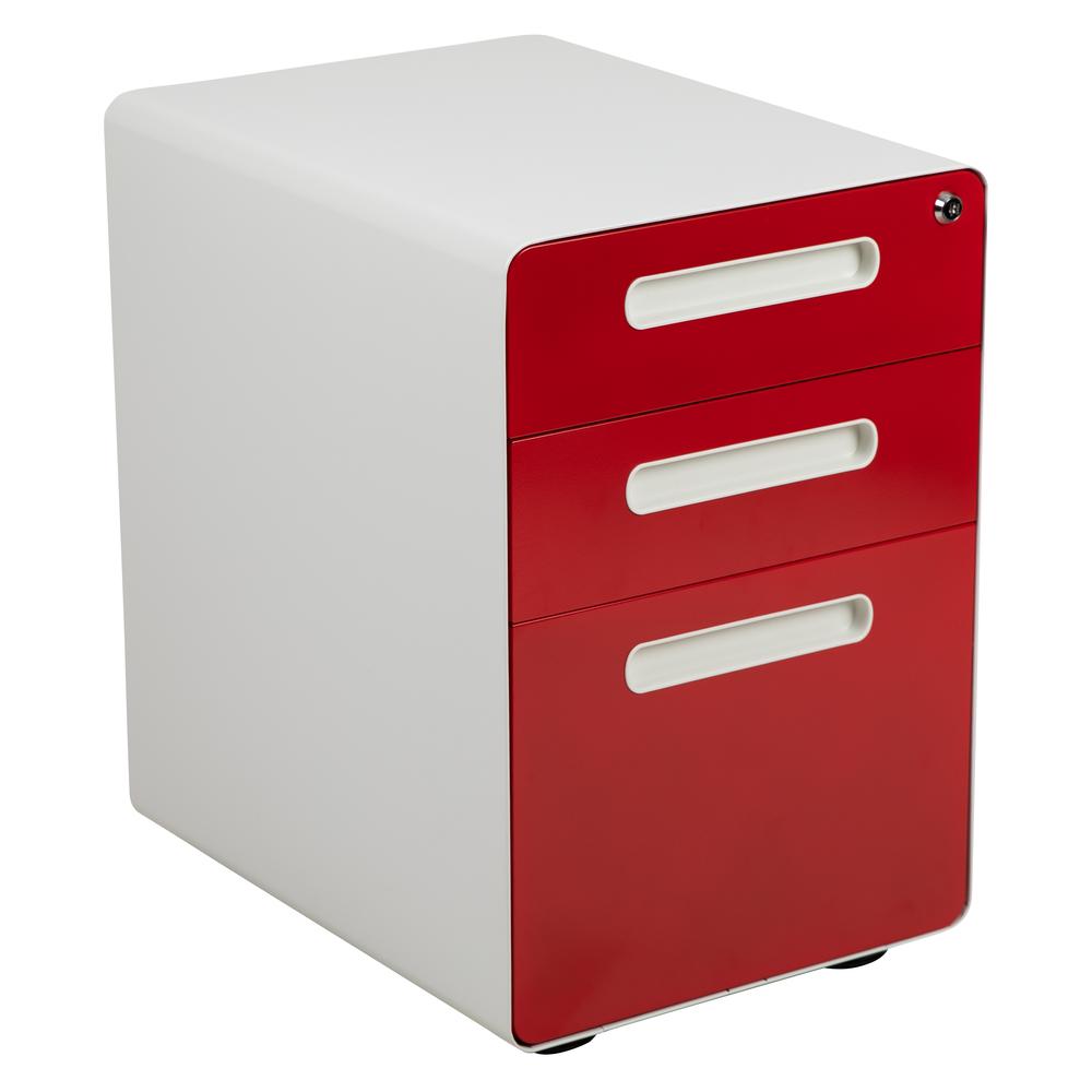 3-Drawer Mobile Locking Filing Cabinet, White with Red Faceplate. Picture 2