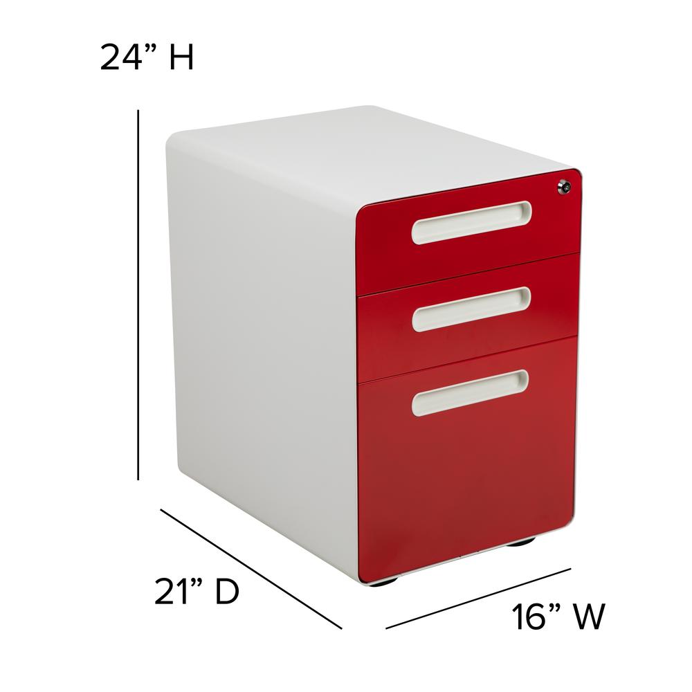 3-Drawer Mobile Locking Filing Cabinet, White with Red Faceplate. Picture 4