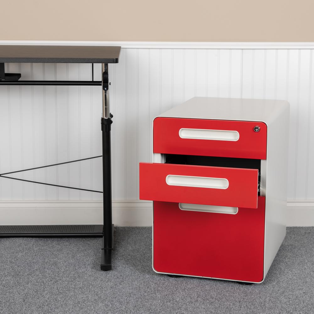3-Drawer Mobile Locking Filing Cabinet, White with Red Faceplate. Picture 1