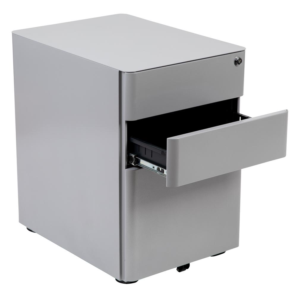 Modern 3-Drawer Mobile Locking Filing Cabinet with Anti-Tilt Mechanism and Hanging Drawer for Legal & Letter Files, Gray. Picture 7