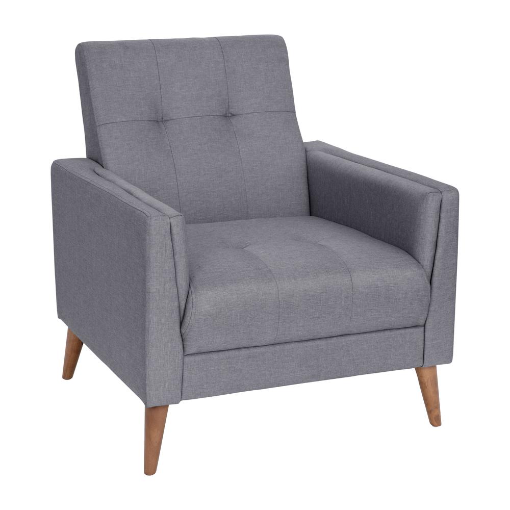Armchair with Tufted Faux Linen Upholstery, Solid Wood Legs in Slate Gray. Picture 2