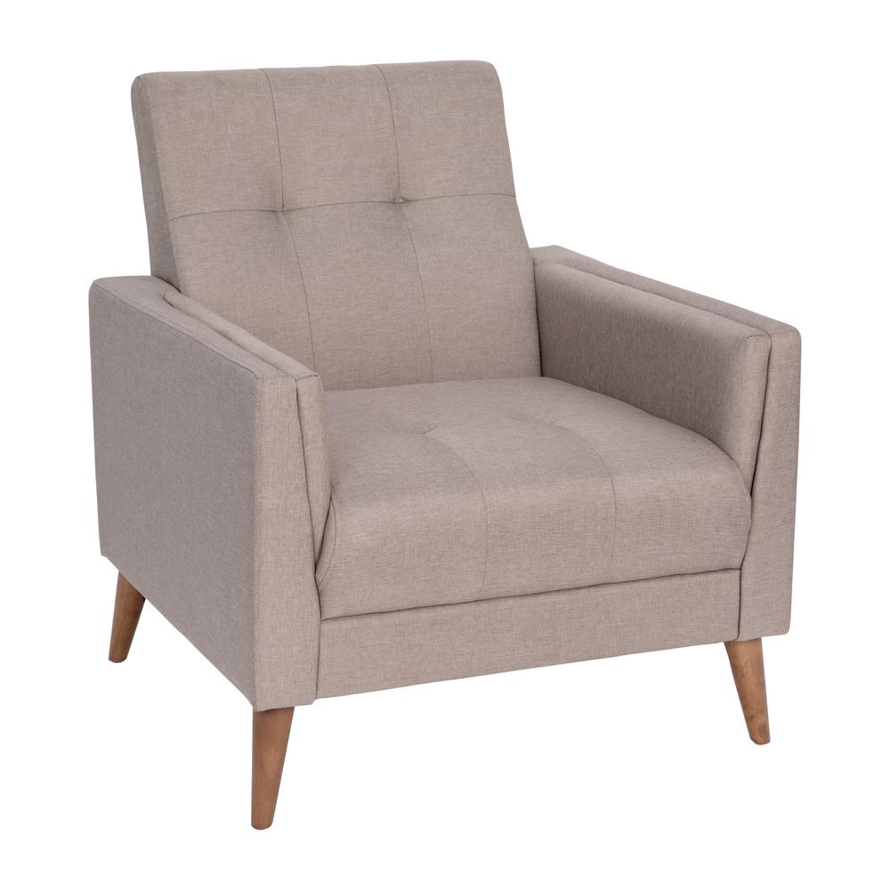 Mid-Century Armchair with Tufted Faux Linen Upholstery, Solid Wood Legs in Taupe. Picture 2
