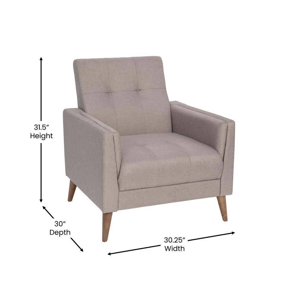 Conrad Mid-Century Modern Commercial Grade Armchair with Tufted Faux Linen Upholstery & Solid Wood Legs in Taupe. Picture 5