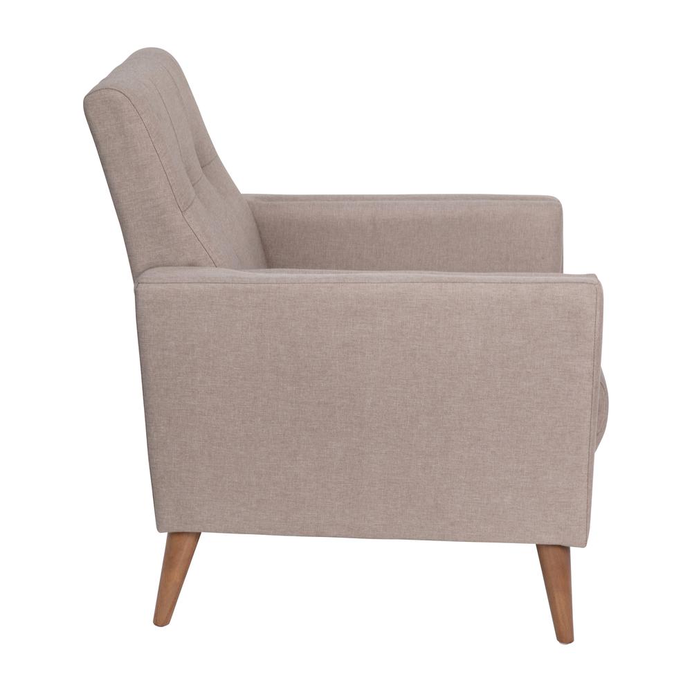 Mid-Century Armchair with Tufted Faux Linen Upholstery, Solid Wood Legs in Taupe. Picture 10