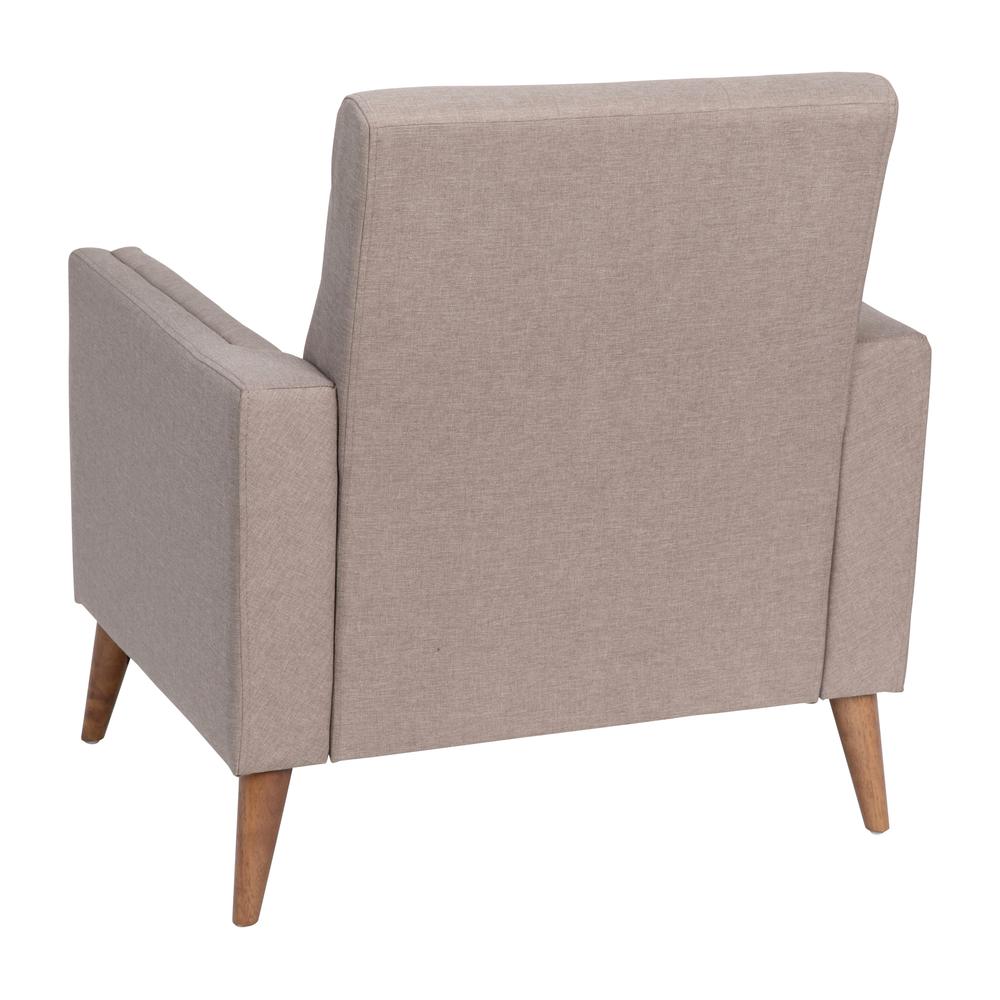 Conrad Mid-Century Modern Commercial Grade Armchair with Tufted Faux Linen Upholstery & Solid Wood Legs in Taupe. Picture 8