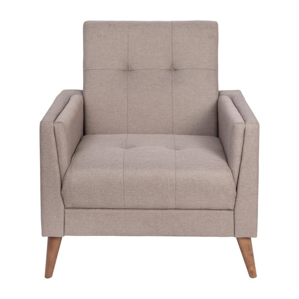 Mid-Century Armchair with Tufted Faux Linen Upholstery, Solid Wood Legs in Taupe. Picture 11
