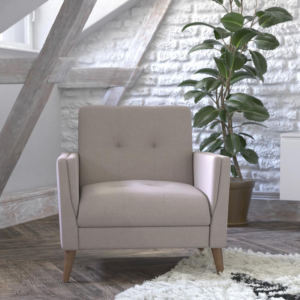 Conrad Mid-Century Modern Commercial Grade Armchair with Tufted Faux Linen Upholstery & Solid Wood Legs in Taupe. Picture 1