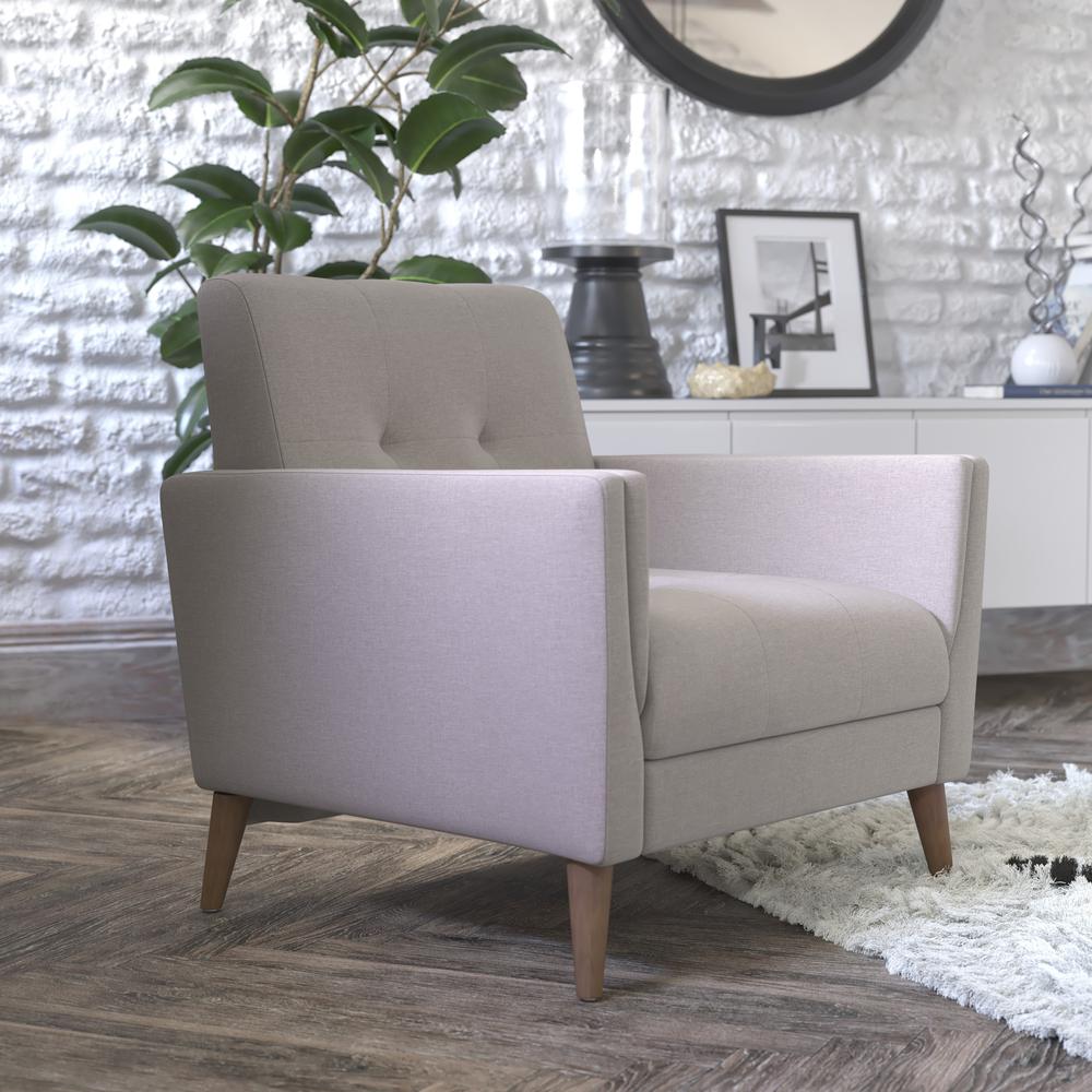 Conrad Mid-Century Modern Commercial Grade Armchair with Tufted Faux Linen Upholstery & Solid Wood Legs in Taupe. Picture 6