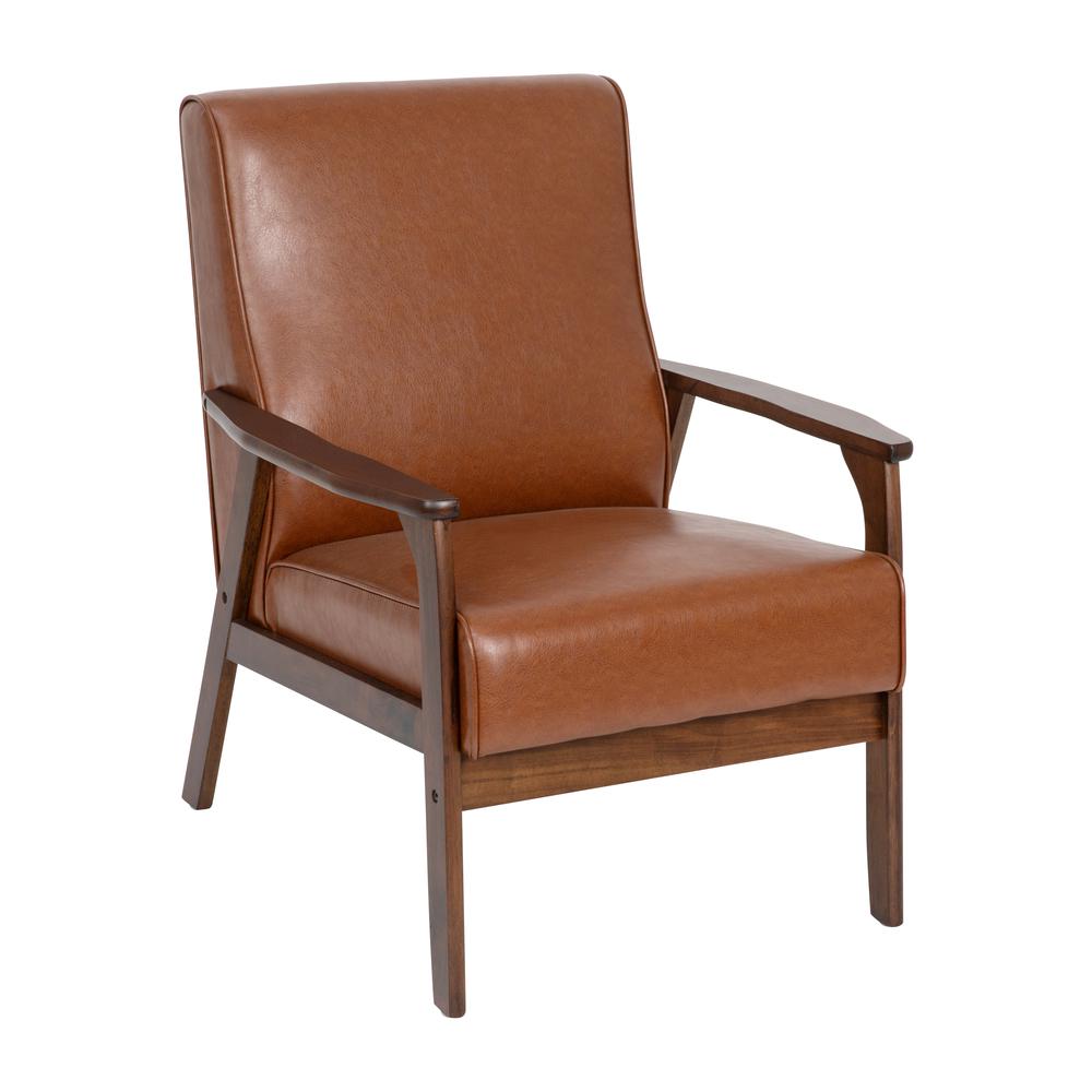 Upholstered Arm Chair with Walnut Finished Wooden Frame and Arms in Cognac. Picture 1