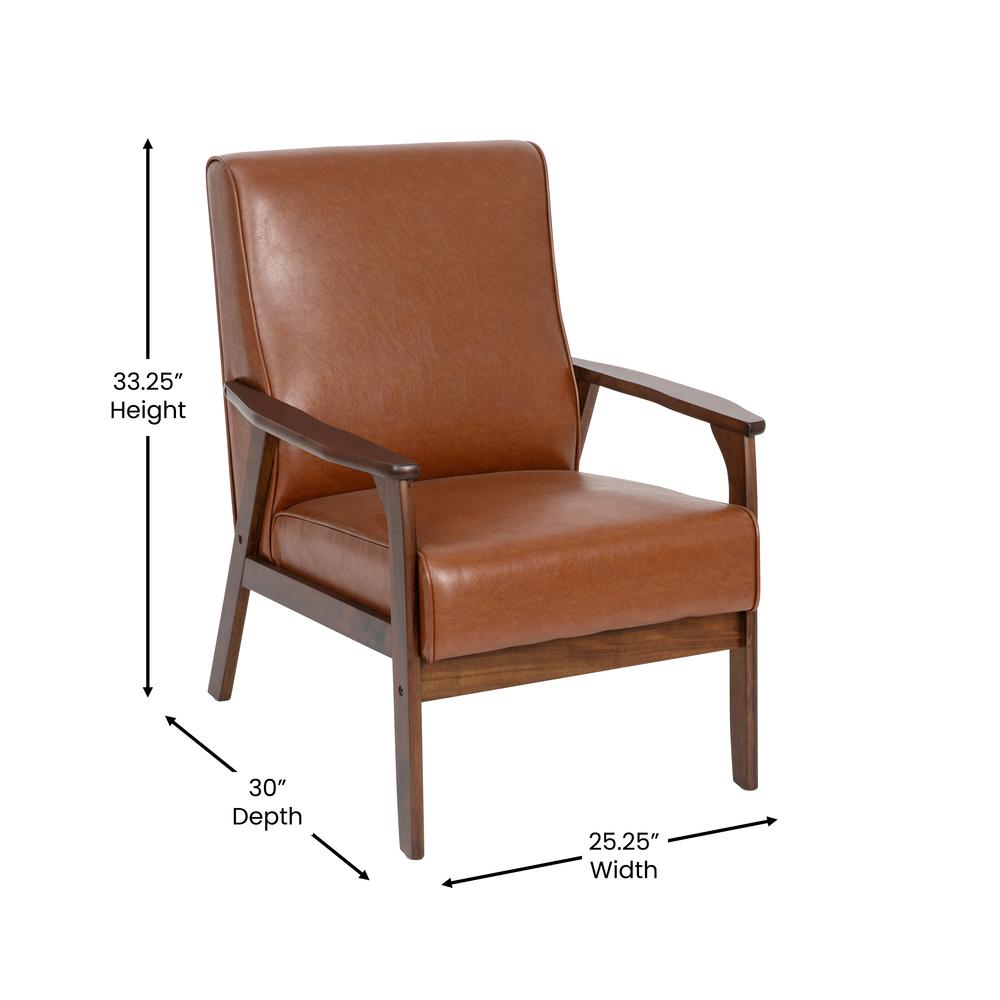 Upholstered Arm Chair with Walnut Finished Wooden Frame and Arms in Cognac. Picture 5