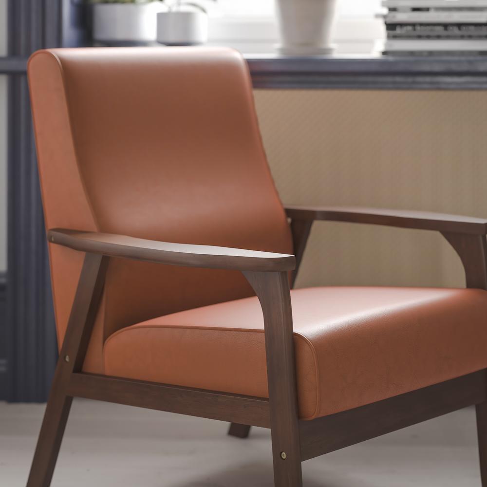 Upholstered Arm Chair with Walnut Finished Wooden Frame and Arms in Cognac. Picture 6