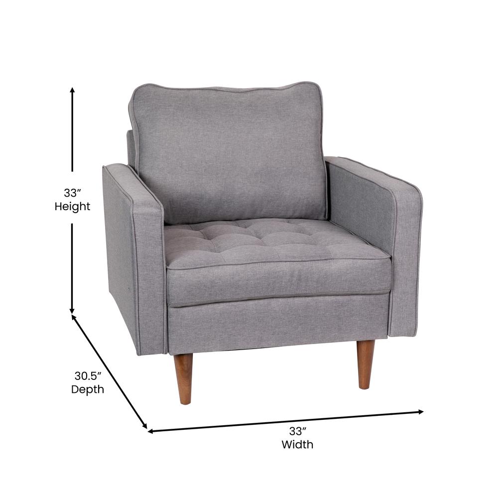 Armchair with Tufted Faux Linen Upholstery, Solid Wood Legs in Slate Gray. Picture 5