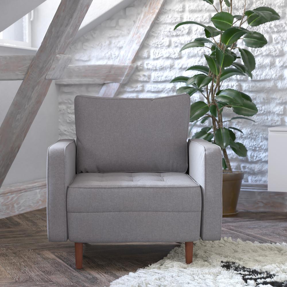 Armchair with Tufted Faux Linen Upholstery, Solid Wood Legs in Slate Gray. Picture 1