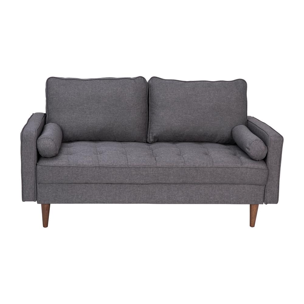 Hudson Mid-Century Modern Loveseat Sofa with Tufted Faux Linen Upholstery & Solid Wood Legs in Dark Gray. Picture 2