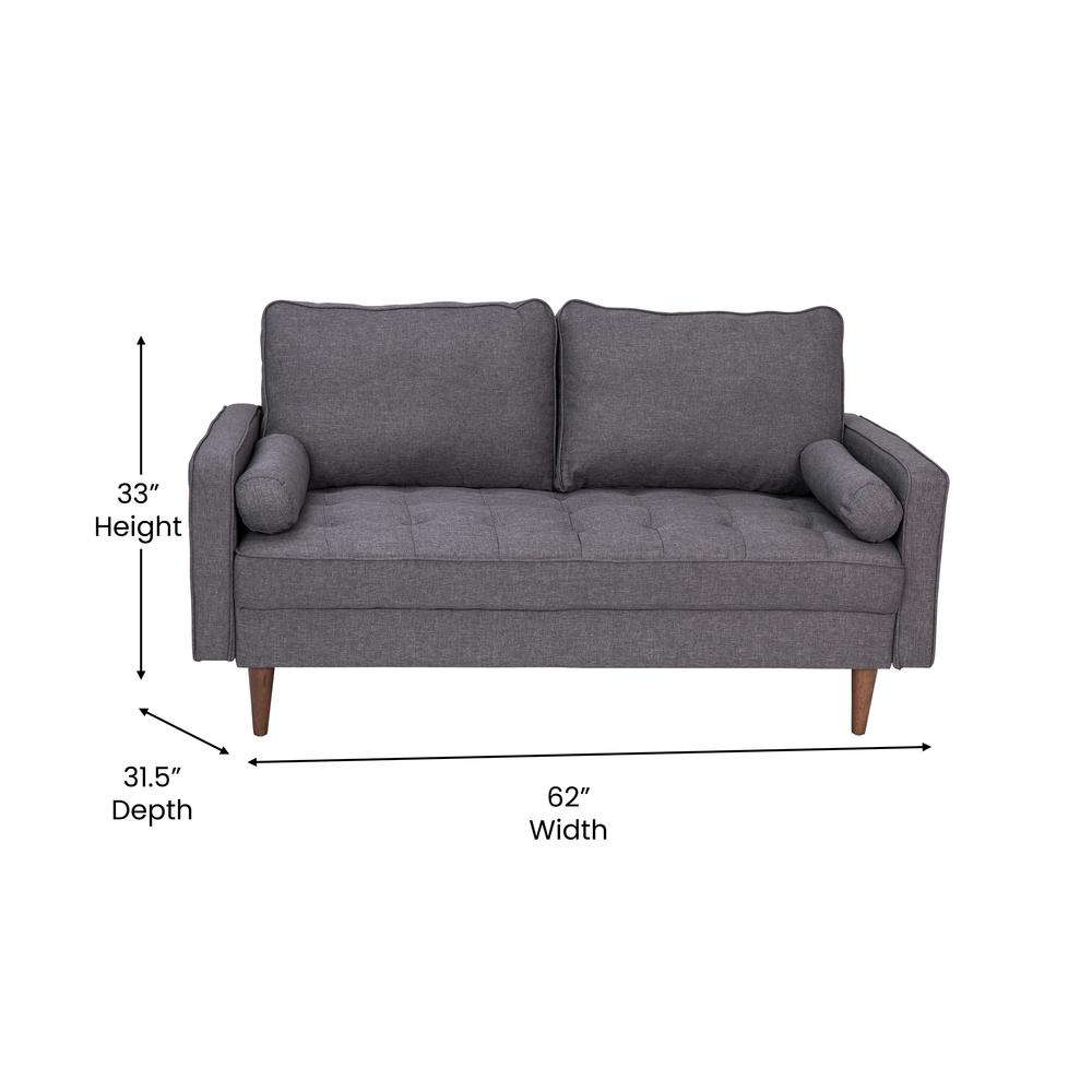 Hudson Mid-Century Modern Loveseat Sofa with Tufted Faux Linen Upholstery & Solid Wood Legs in Dark Gray. Picture 5