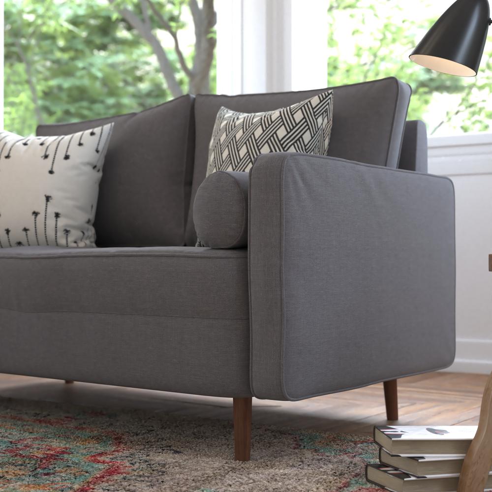 Hudson Mid-Century Modern Loveseat Sofa with Tufted Faux Linen Upholstery & Solid Wood Legs in Dark Gray. Picture 7