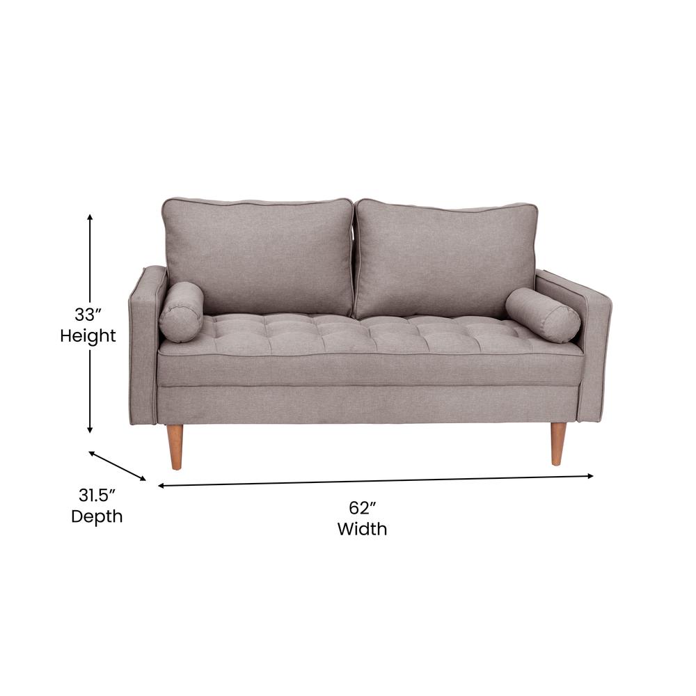 Loveseat Sofa with Tufted Faux Linen Upholstery, Solid Wood Legs in Slate Gray. Picture 5