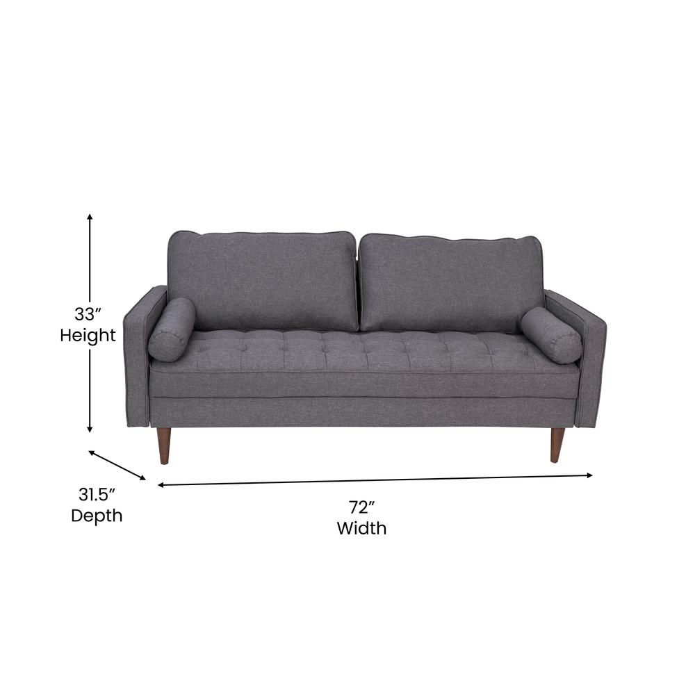 Hudson Mid-Century Modern Sofa with Tufted Faux Linen Upholstery & Solid Wood Legs in Dark Gray. Picture 5