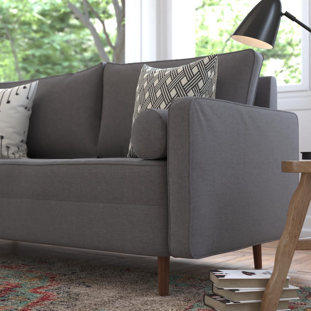 Hudson Mid-Century Modern Sofa with Tufted Faux Linen Upholstery & Solid Wood Legs in Dark Gray. Picture 7