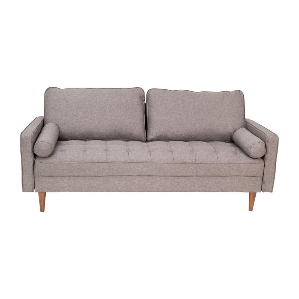 Hudson Mid-Century Modern Sofa with Tufted Faux Linen Upholstery & Solid Wood Legs in Slate Gray. Picture 2