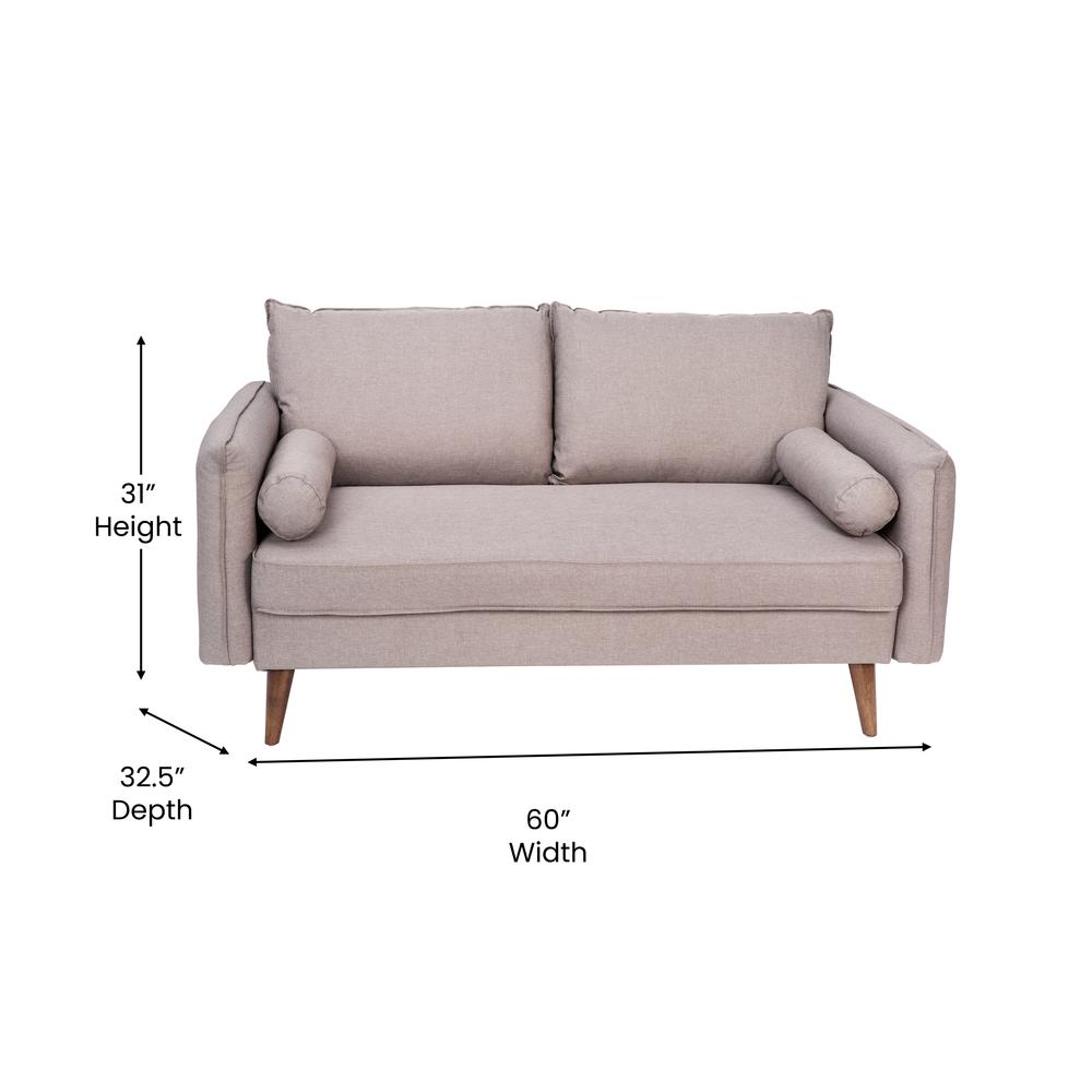 Loveseat Sofa with Faux Linen Fabric Upholstery, Solid Wood Legs in Taupe. Picture 1