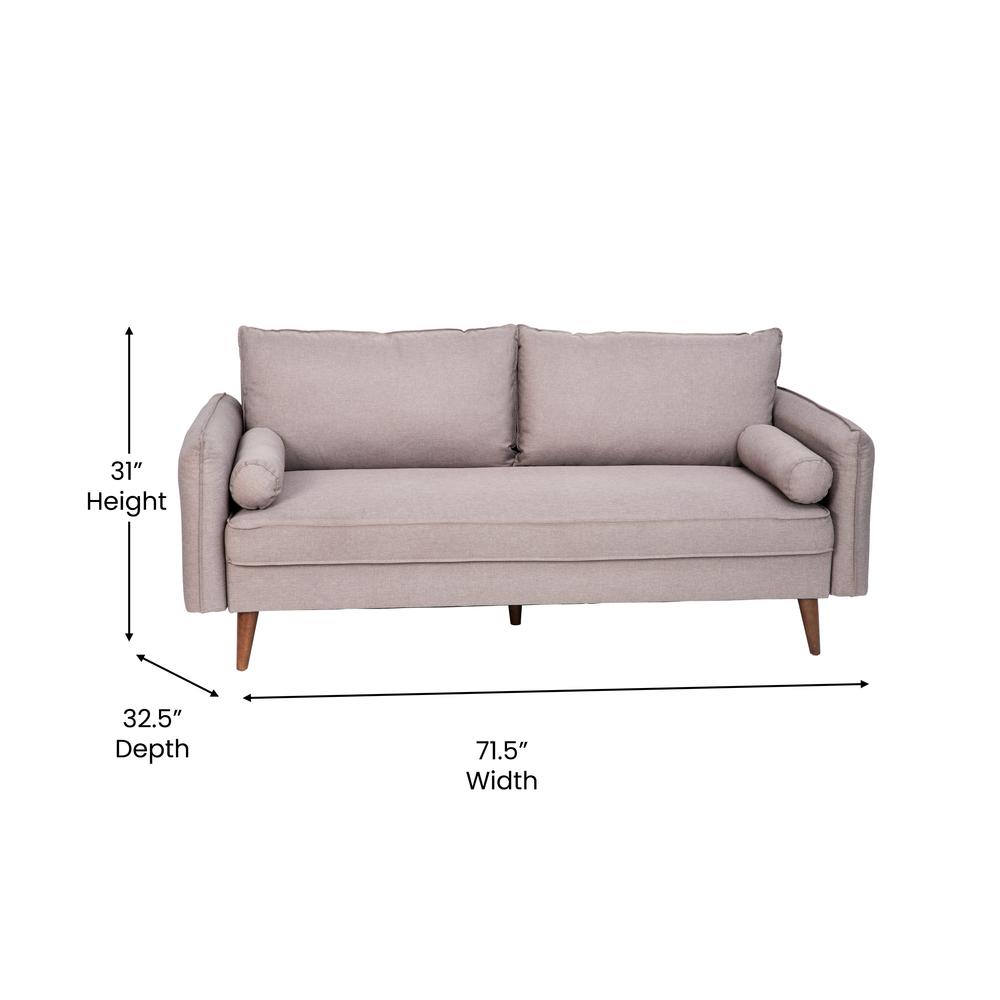 Mid-Century Sofa with Faux Linen Fabric Upholstery & Solid Wood Legs in Taupe. Picture 1