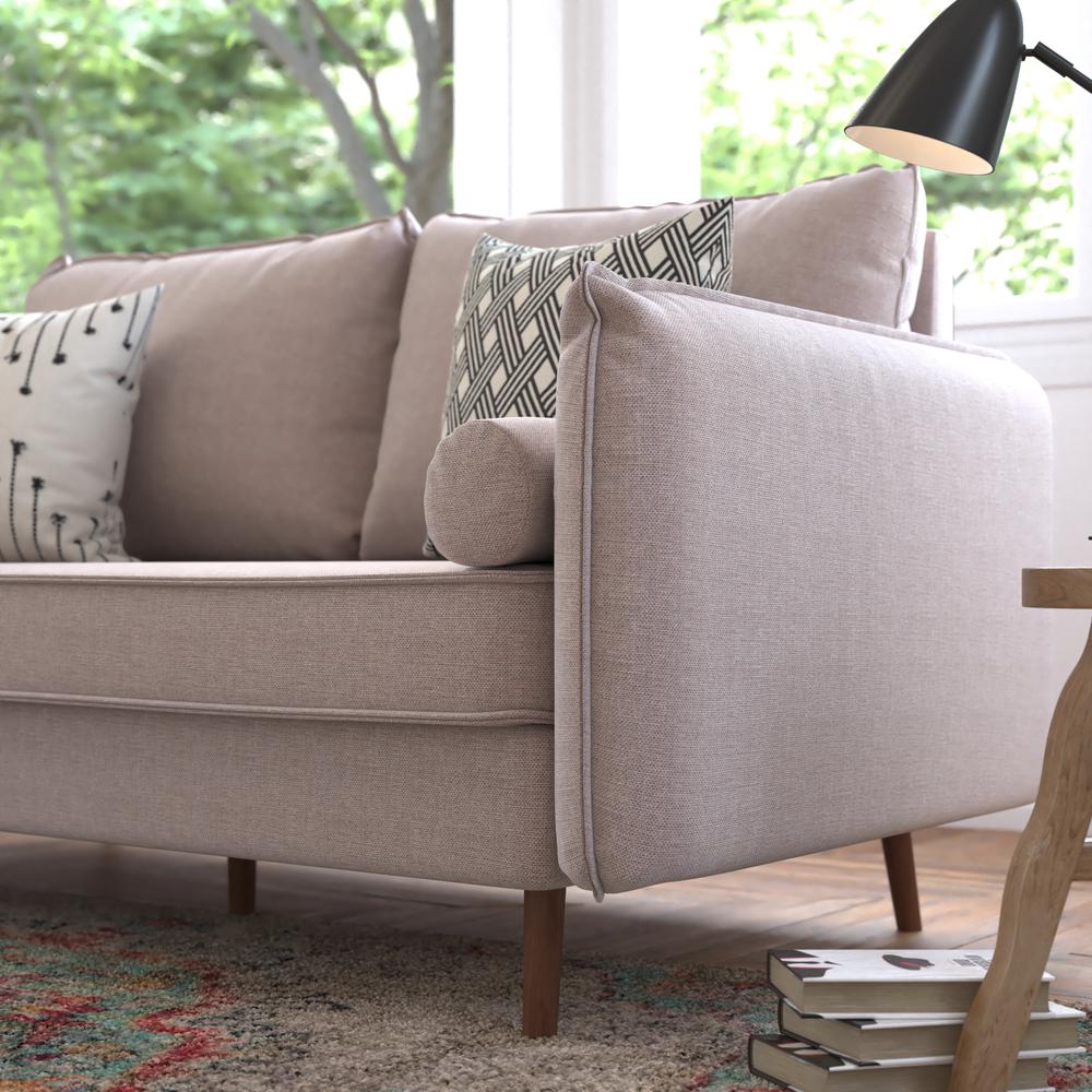 Mid-Century Sofa with Faux Linen Fabric Upholstery & Solid Wood Legs in Taupe. Picture 7