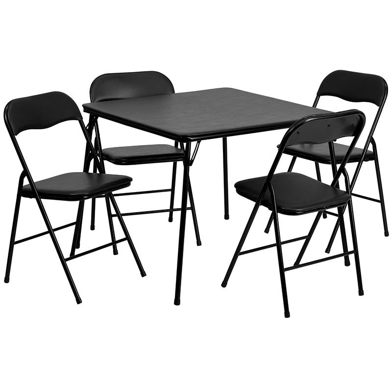 5 Piece Black Folding Card Table and Chair Set with 4 Folding Chairs and Table. Picture 2