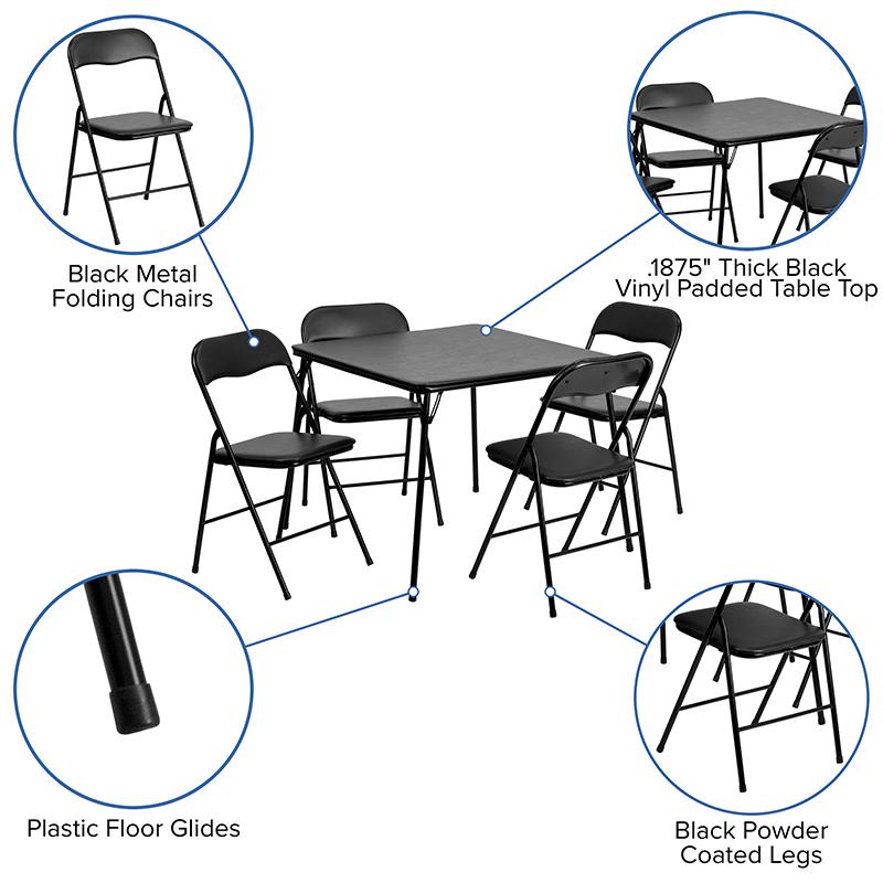 5 Piece Black Folding Card Table and Chair Set with 4 Folding Chairs and Table. Picture 5