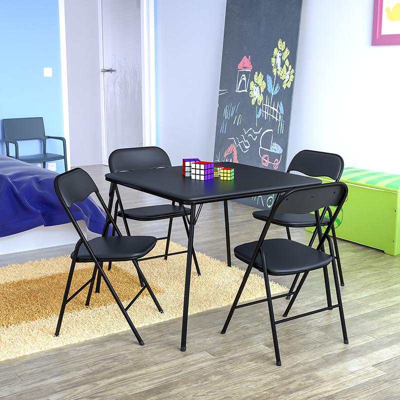 5 Piece Black Folding Card Table and Chair Set with 4 Folding Chairs and Table. Picture 1
