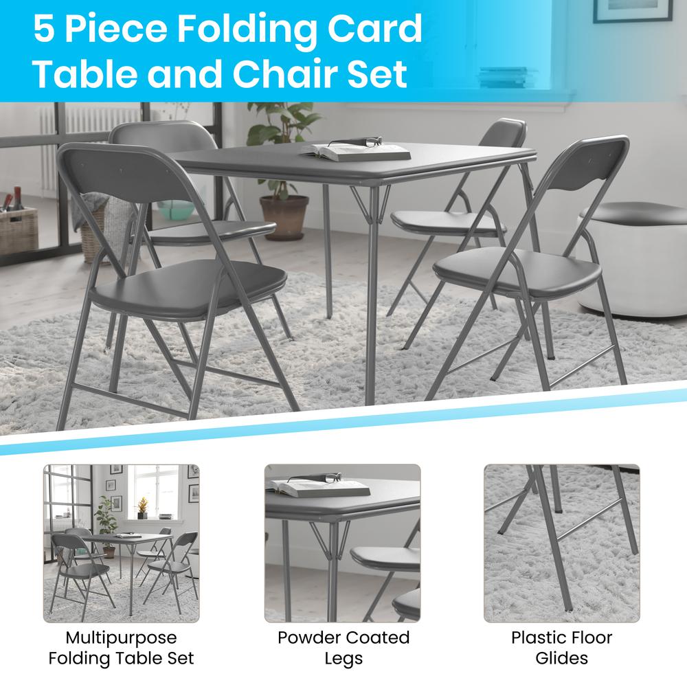 5 Piece Gray Folding Card Table and Chair Set. Picture 5