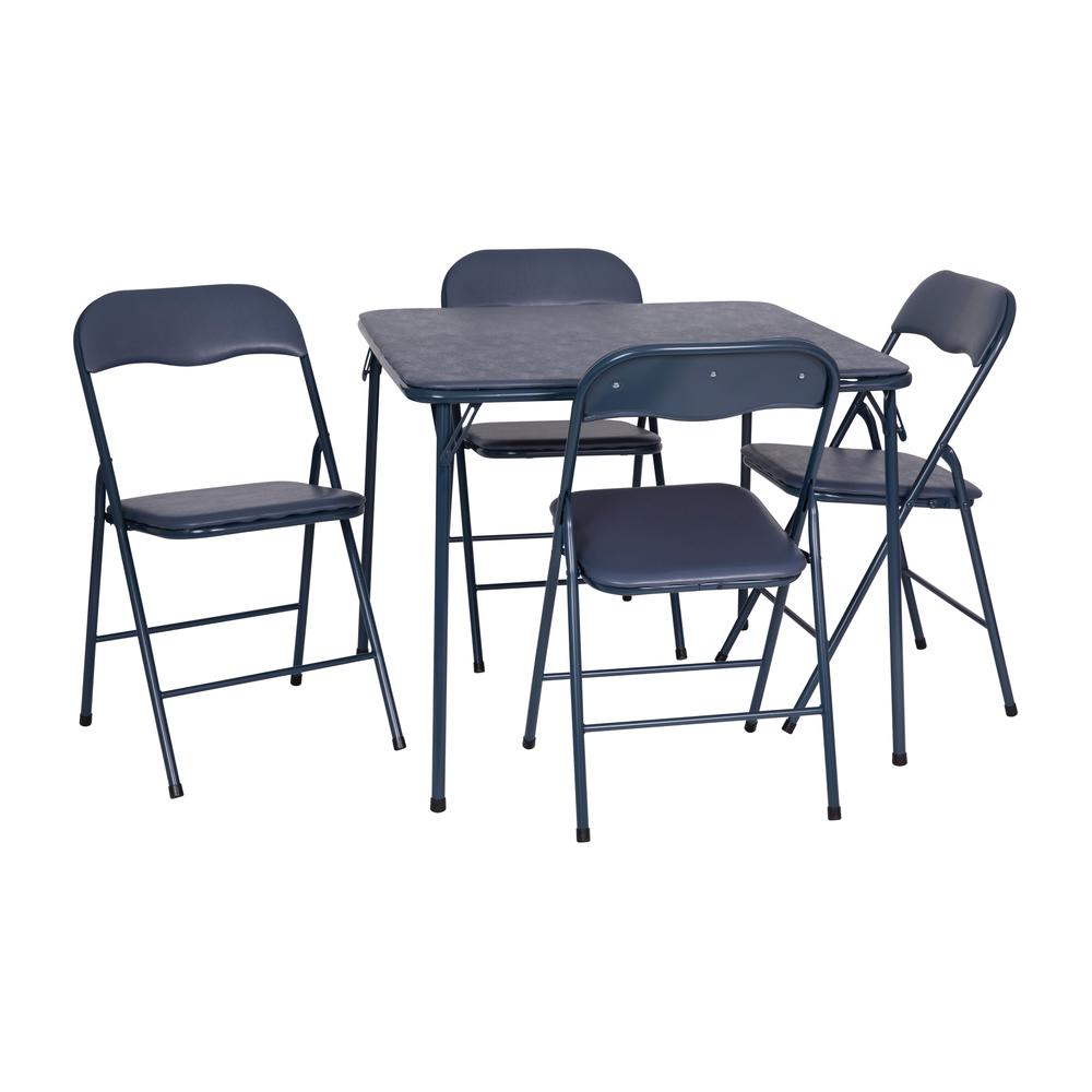 5 Piece Navy Folding Card Table and Chair Set. Picture 1