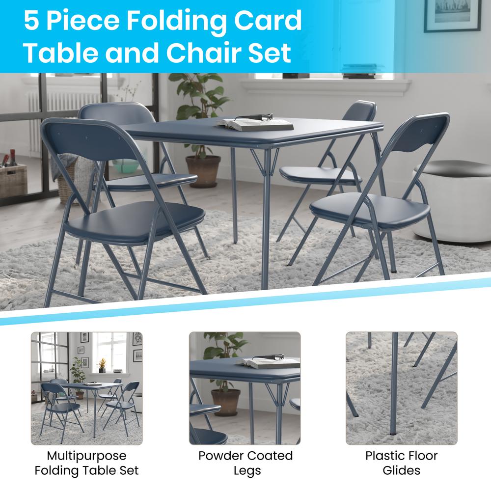 5 Piece Navy Folding Card Table and Chair Set. Picture 5