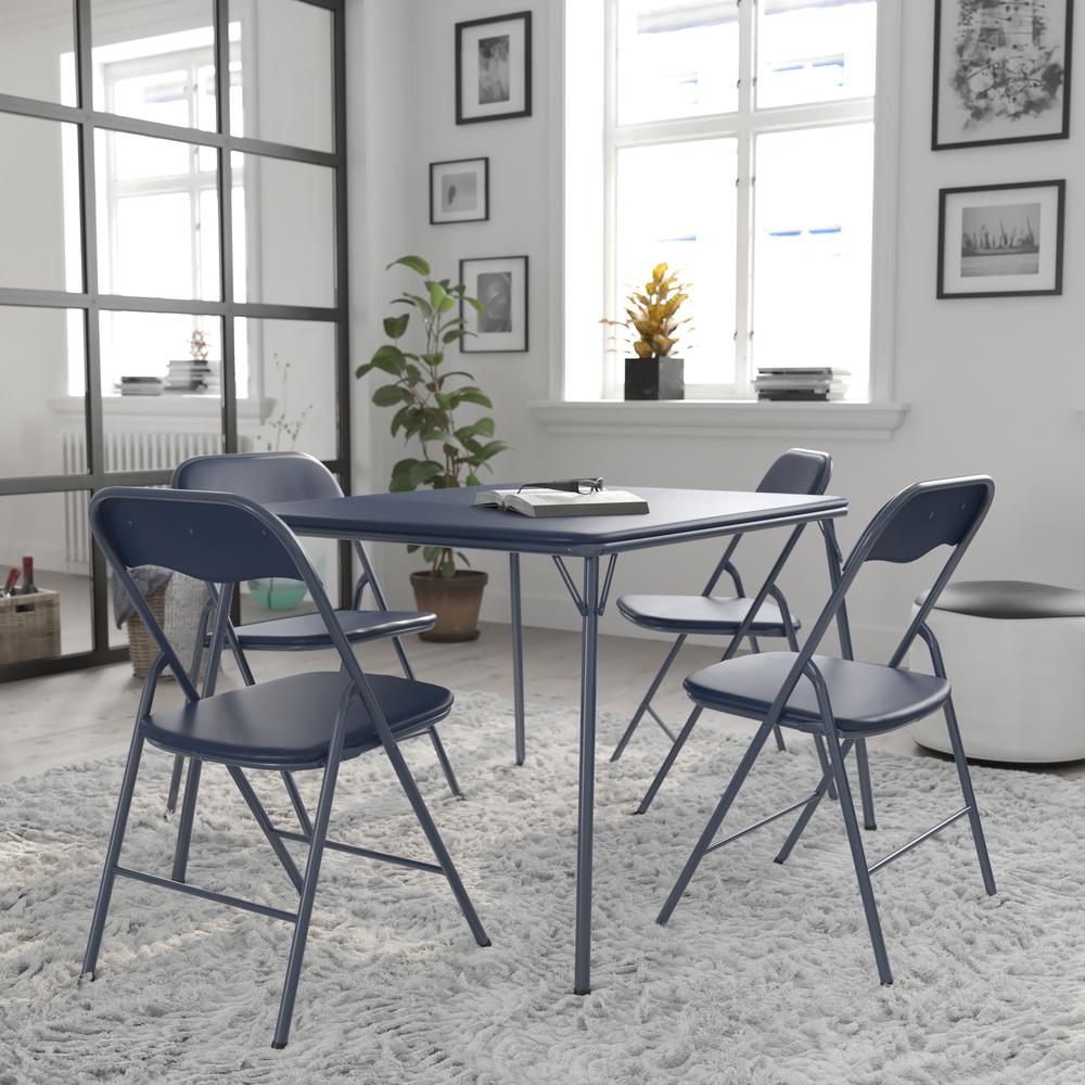 5 Piece Navy Folding Card Table and Chair Set. Picture 2