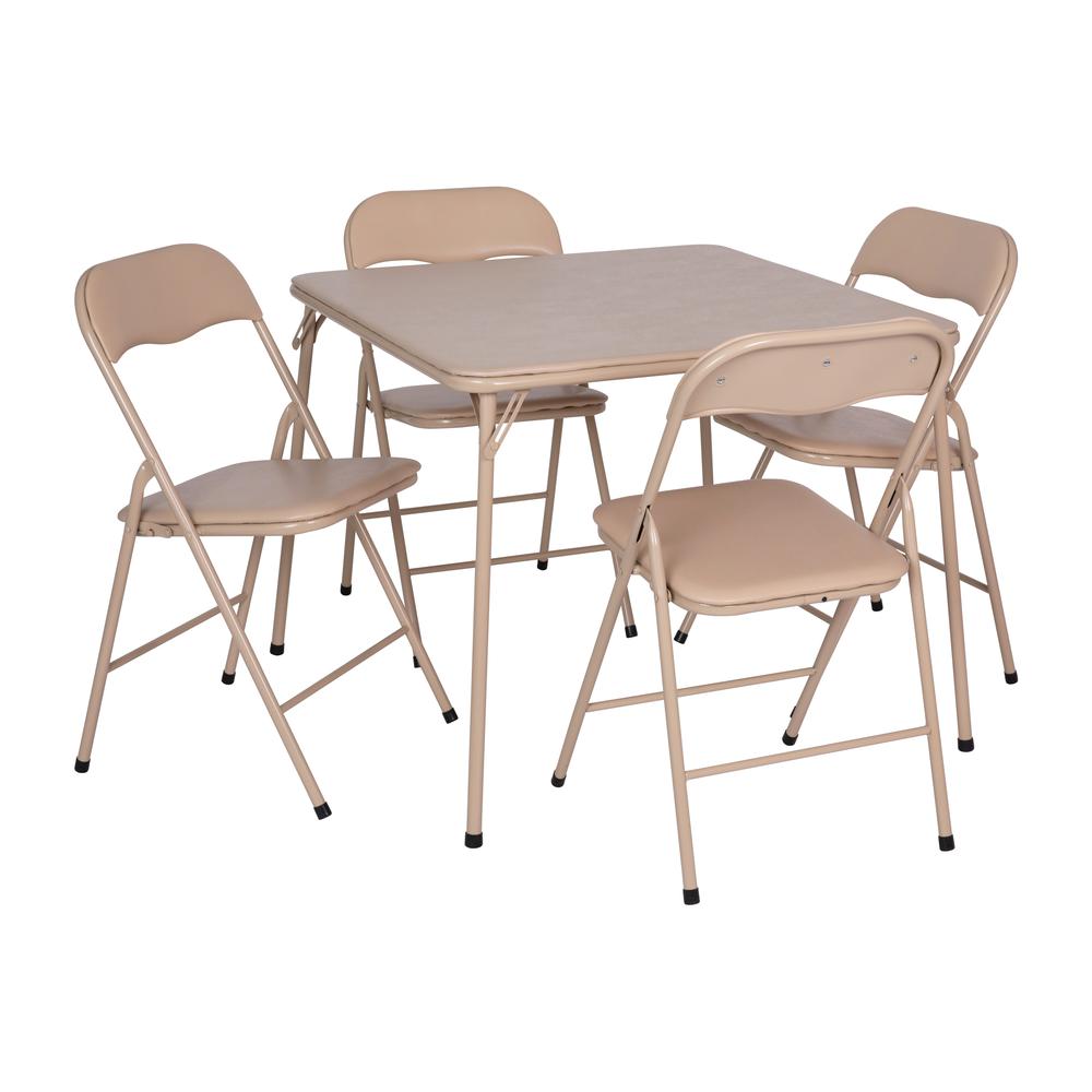 5 Piece Tan Folding Card Table and Chair Set. Picture 1