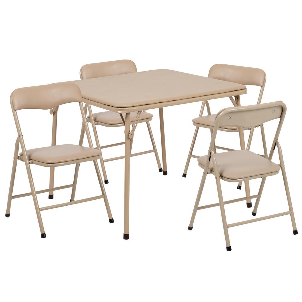 Kids Tan 5 Piece Folding Table and Chair Set. Picture 1
