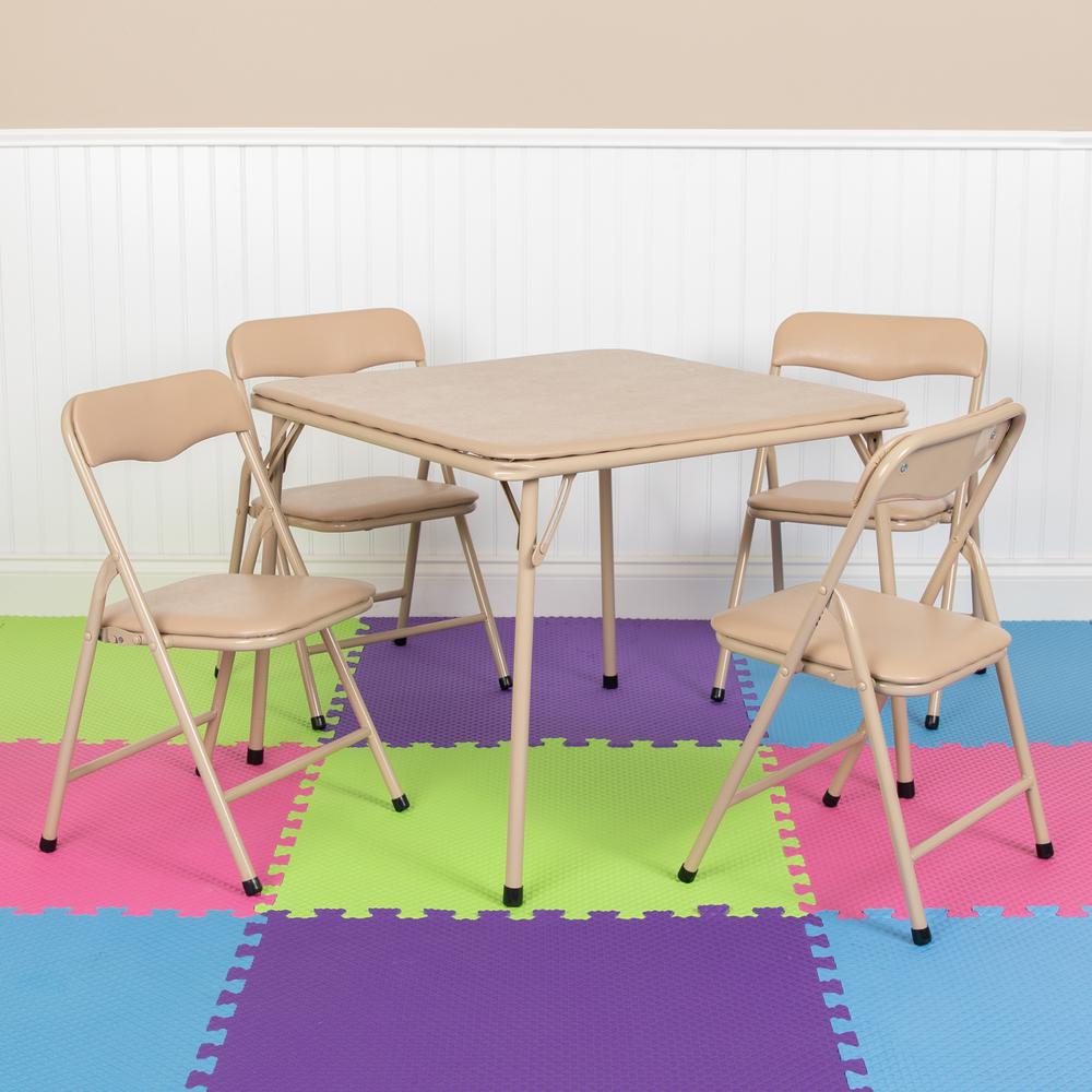 Kids Tan 5 Piece Folding Table and Chair Set. Picture 7