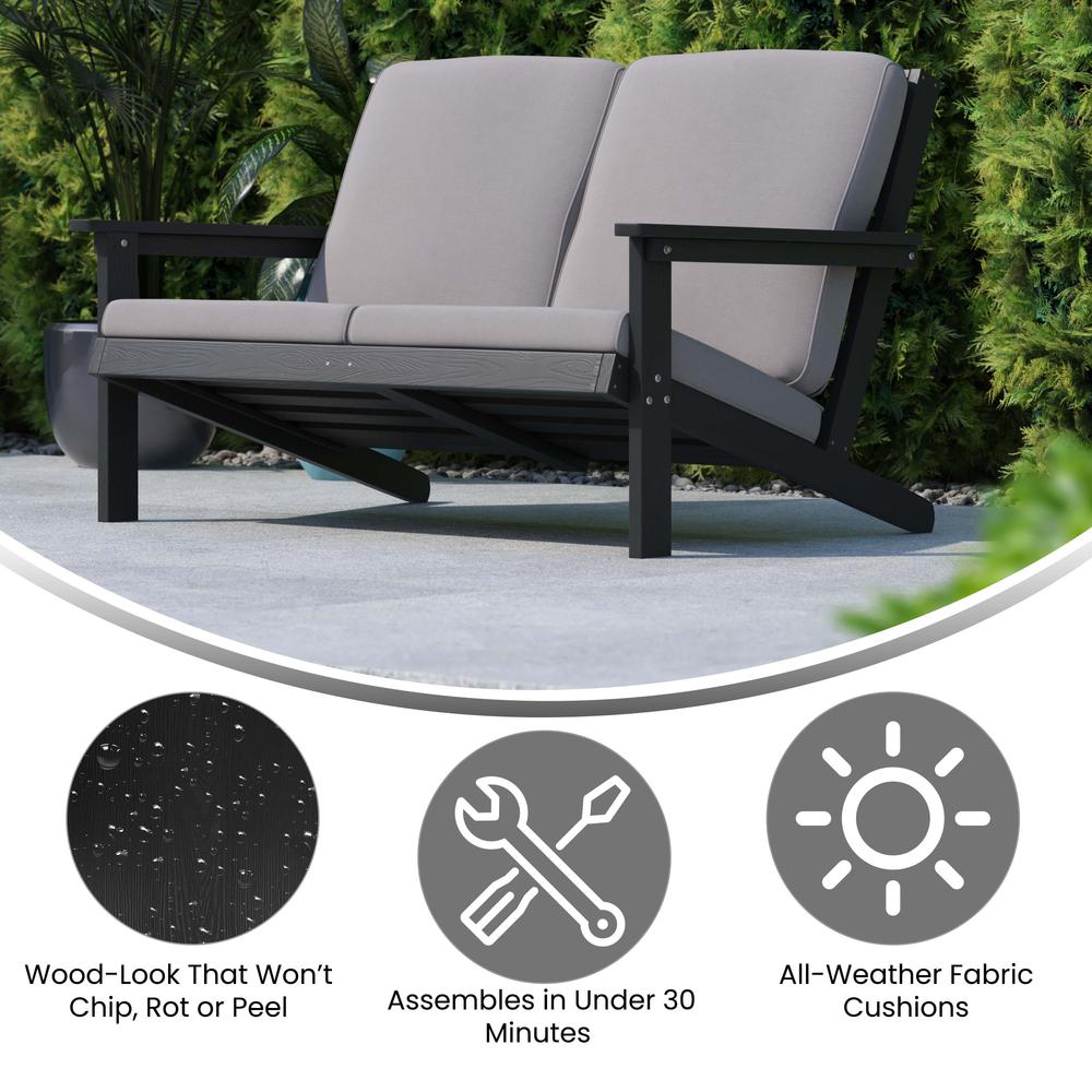 Adirondack Style Deep Seat Patio Loveseat with Cushions, Black/Charcoal. Picture 4