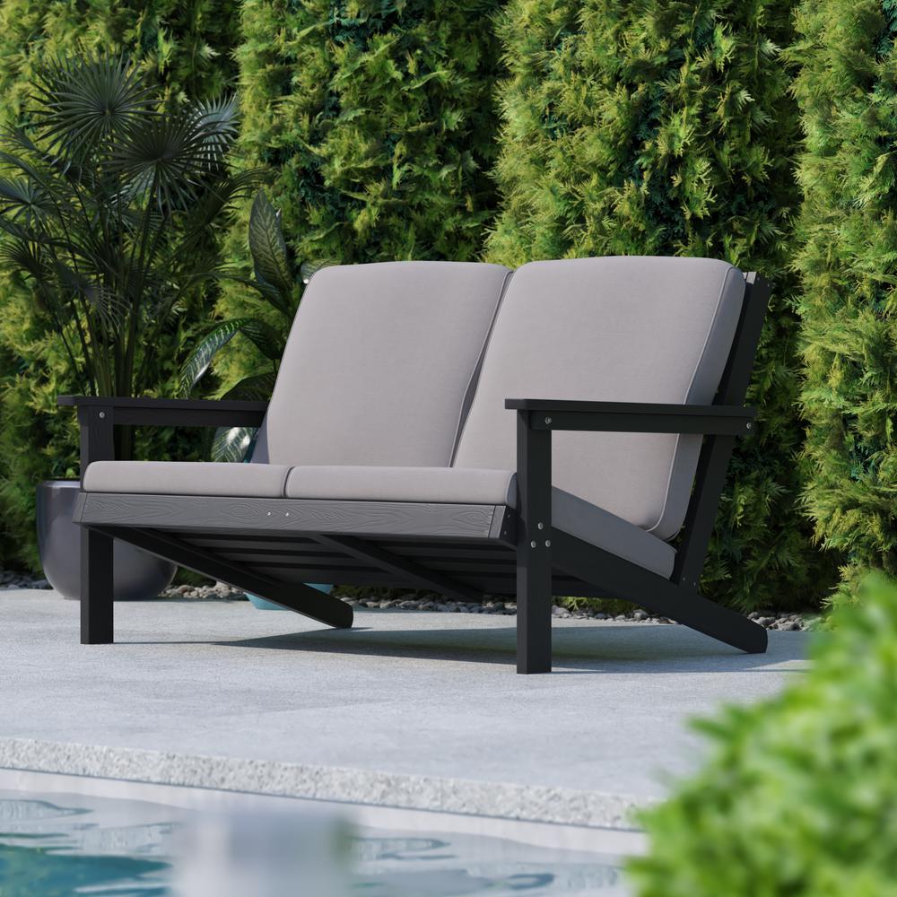 Adirondack Style Deep Seat Patio Loveseat with Cushions, Black/Charcoal. Picture 1