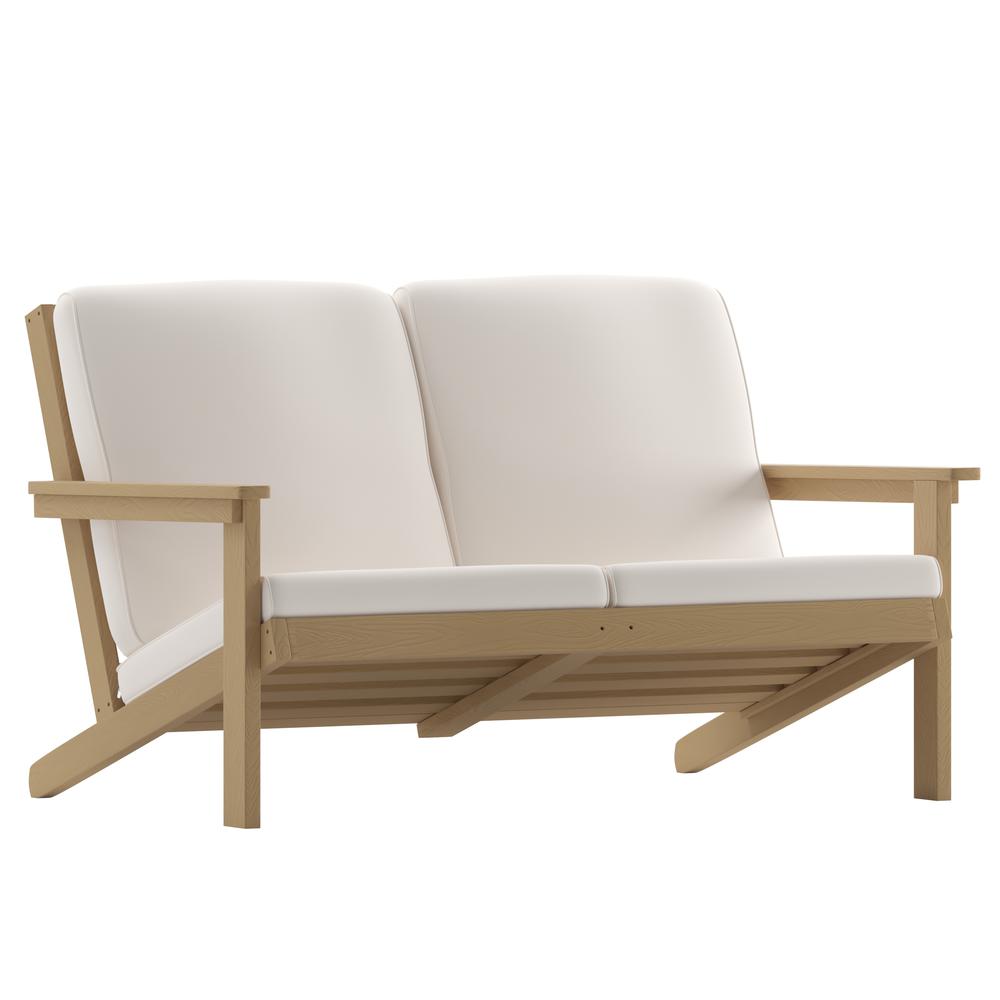 Adirondack Style Deep Seat Patio Loveseat with Cushions, Natural Cedar/Cream. Picture 2