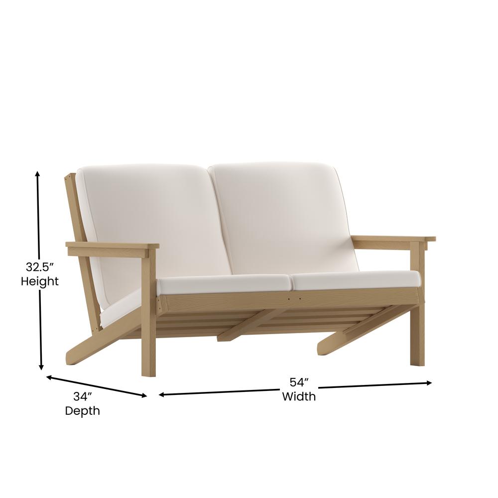 Adirondack Style Deep Seat Patio Loveseat with Cushions, Natural Cedar/Cream. Picture 5
